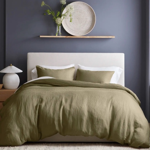 Quince Euro Linen Waffle Duvet Cover Set Queen- Aloe Green washed for softness - Picture 2 of 7